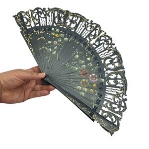 Navy Blue Japanese Hand Fan with Floral Design